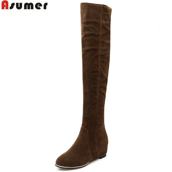 

asumer 2020 new arrive women boots fashion flock zipper height increasing autumn winter over the knee boots, Black