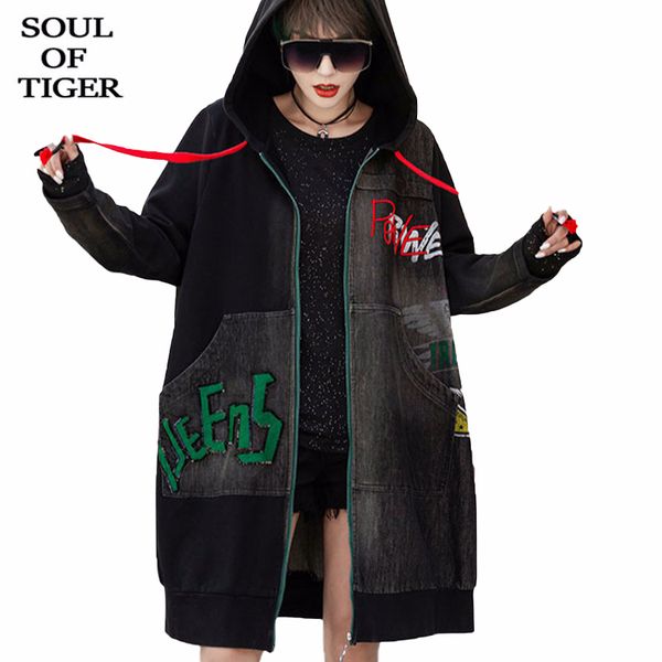 

women's trench coats soul of tiger 2021 spring fashion ladies vintage windbreakers women loose denim patchwork casual hooded clothes, Tan;black