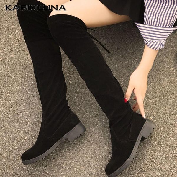 

karin new leisure brand chunky heels autumn winter knee high woman shoes elastic boots, Black