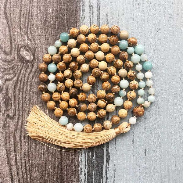 

amazonite & picture j-asper 108 mala beads necklace for stress relief hand knotted mala necklace with silk tassel, Silver