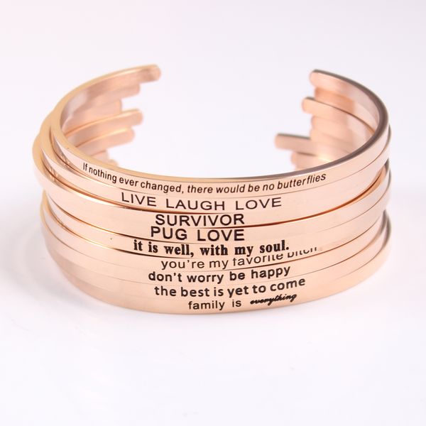 

2020 new rose gold stainless steel engraved positive inspirational quote hand stamped bangle for women gifts, Black