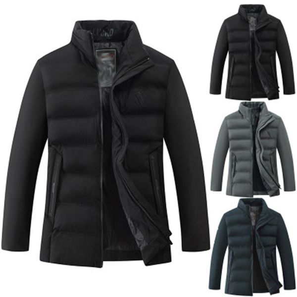 

mens solid color down jackets fashion trend thick stand collar zipper winter coats designer male casual pockets slim warm outerwear, Black