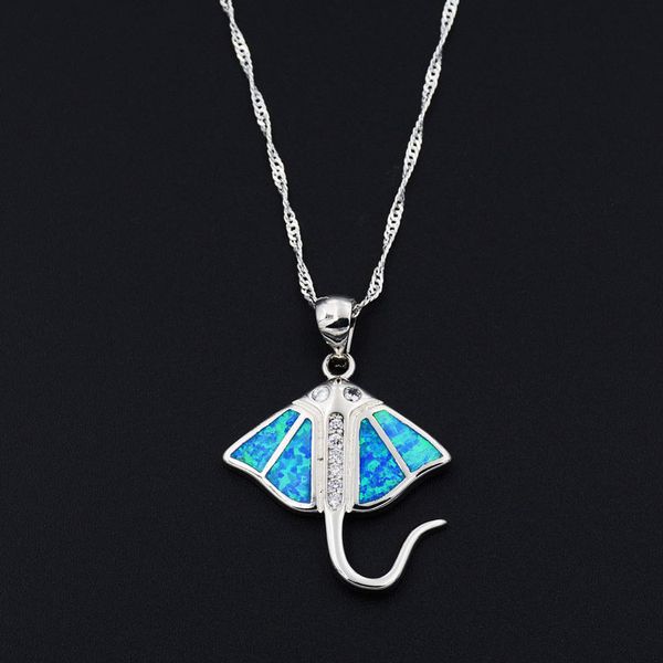 

ocean blue opal manta ray pendant necklace with chain, Silver