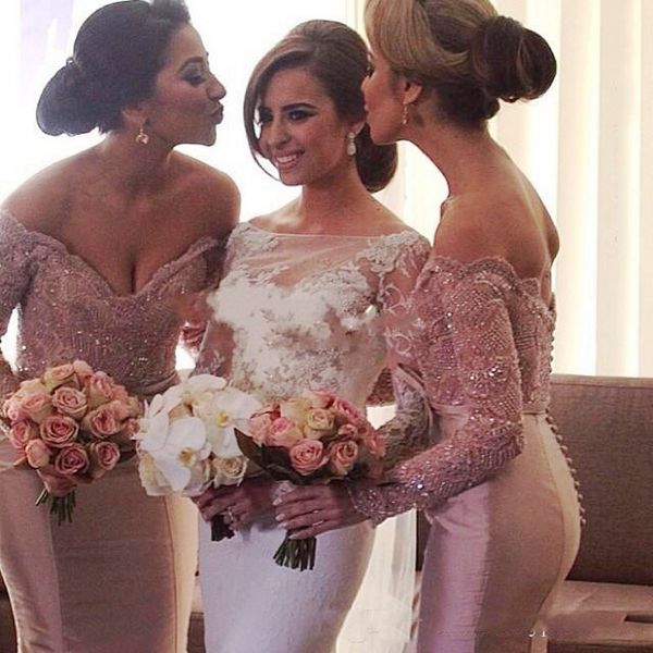 

dusty pink off shoulder bridesmaid dresses wedding formal gowns super mermaid long sleeves maid of honor dress, White;pink