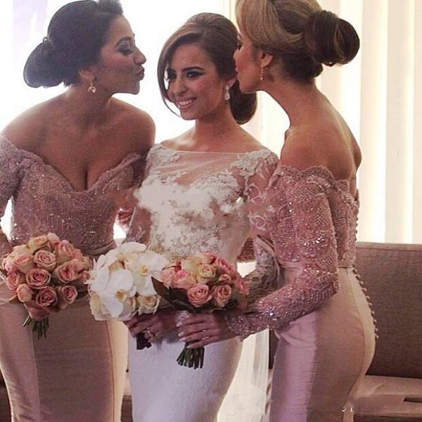 Dusty rosa Alças de casamento da dama de honra vestidos formais Vestidos Super Sexy sereia mangas compridas empregada doméstica do vestido da honra