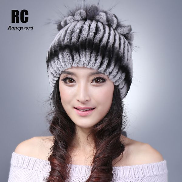 

beanie/skull caps [rancyword] 100% natural fur hat women real rex beanie flower 2021 thick female winter knitted rc1299, Blue;gray