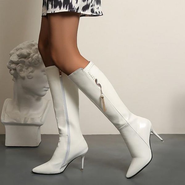 

korean 2020 new autumn winter high stiletto high middle heel white women's pointed knights boots, Black