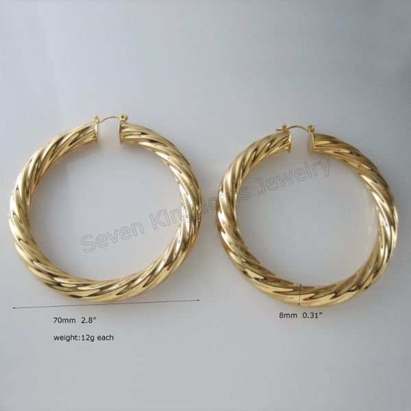 

hoop & huggie min order one piece /big band 8mm twist - yellow gold /sterling sliver gp overlay fill brass huge 70mm 2.76" earring, Golden;silver