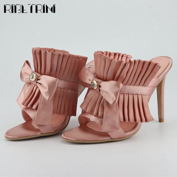 

ribetrini high thin heels shoes new unique party dress pleated women mules summer sweet butterfly-knot mules, Black