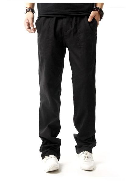 

mens summer pants solid color waist sashes pants fashion mens trousers new breathable loose cotton and linen, Black