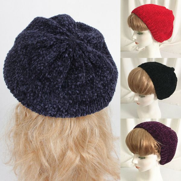 

chenille women beret 2020 autumn winter new warm knitted baggy beanie hat ski cap femme bonnet sweet painter walking cap, Blue;gray