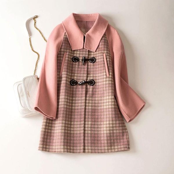 

cthink more than 98% wool women winter coat fashion blue pink plaid coats for woman good quality horn button wool coat, Black