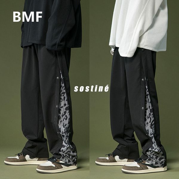 

fashionable hip hop button design loose straight casual pants 2020 autumn sweatpants patchwork korean style clothes men clothing, Black