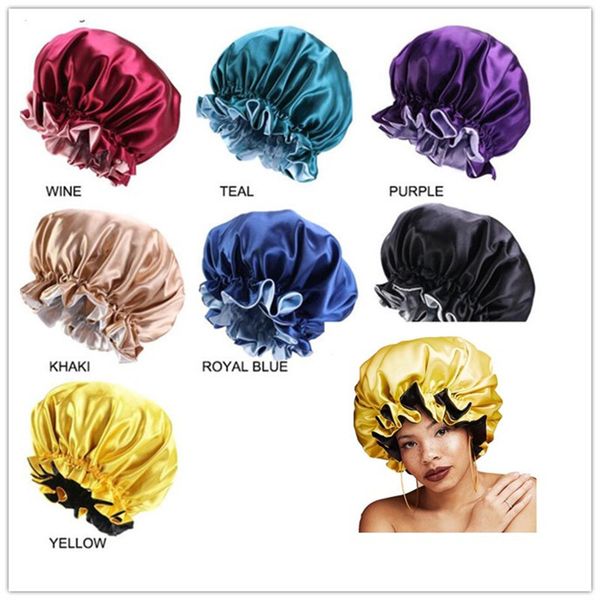 

women double layer satin bonnet caps shower cap hat lady fashion widen head cover sleep hats hairdressing beanie for beautiful hair, Blue;gray