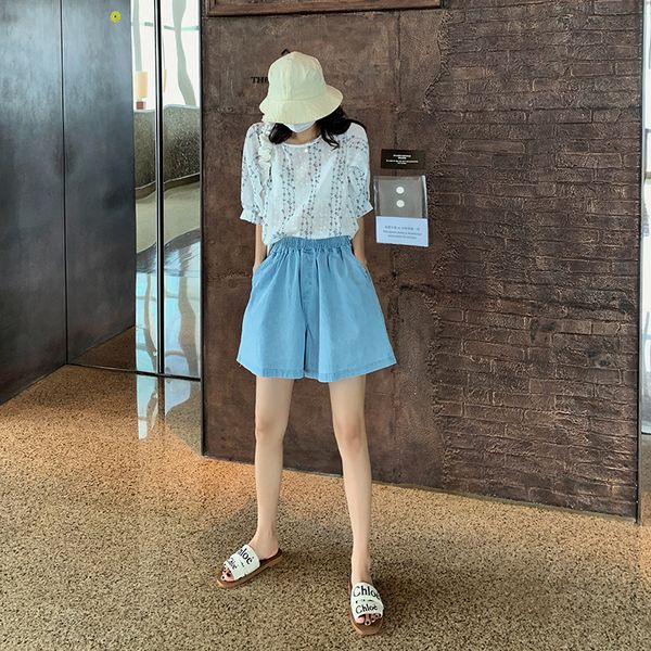 

women's jeans [dowisi] elastic waist denim shorts female summer 2021 style pants high-waisted slimming loose b1254, Blue