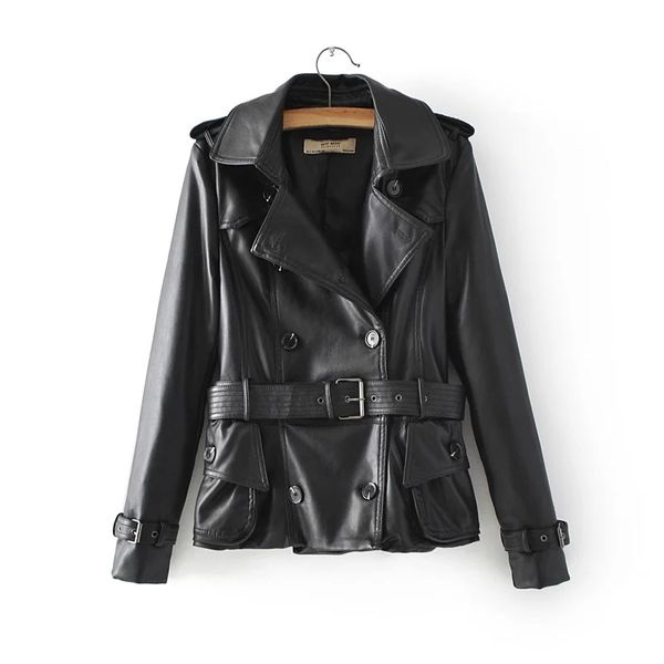 

women's leather & faux vintage women jacket 2021 winter pocket laydies fashion jackets double breasted female coats gilts pu leathers, Black
