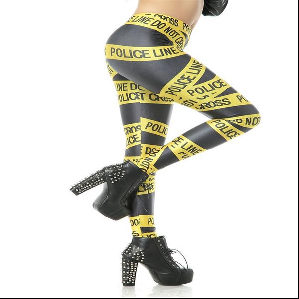 

wholesale fashion womens pirate costume leggins pants digital printing yellow police cordon woman leggings fitness, Black