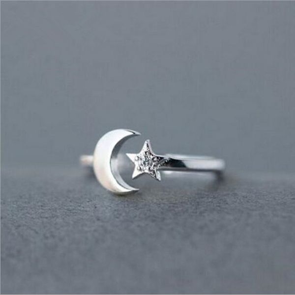 

925 sterling silver korean version of the simple fashion jewelry star and moon micro-inlaid female opening ring sr153, Golden;silver
