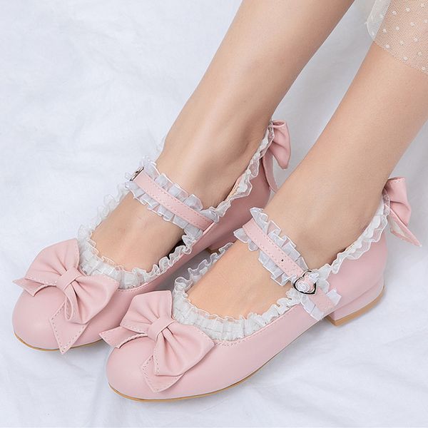 

black lolita shoes bow mary jane flats shoes for women cute flat ballerina woman pink cosplay big size 42 43 44 45 46