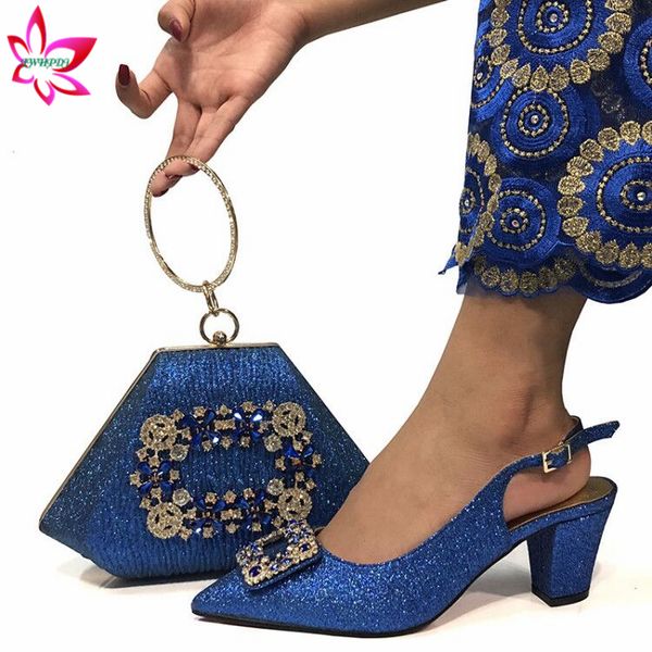 

royal blue new design italian women shoes and bag set nigerian lady shoes matching bag with shinnign crystal, Black