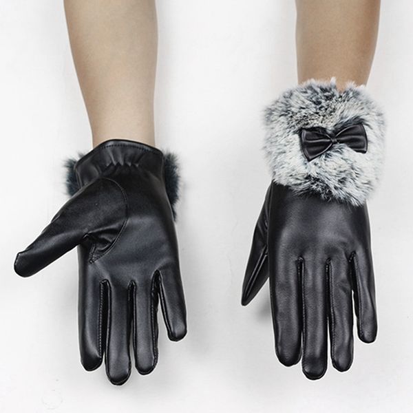 

fluffy touch screen gloves for women lined thick warm windproof winter gloves, Blue;gray