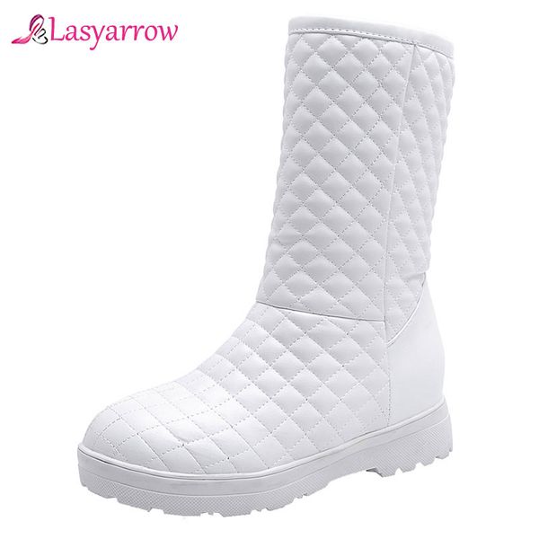 

lasyarrow plus size 33-50 fashion mid calf boots women round toe slip on flat winter boots casual keep warm snow womens, Black