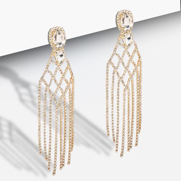 

long chandelier rhinestone statement earrings women big crystal fringed drop earrings wedding bridal jewelry wholesale love gift, Silver