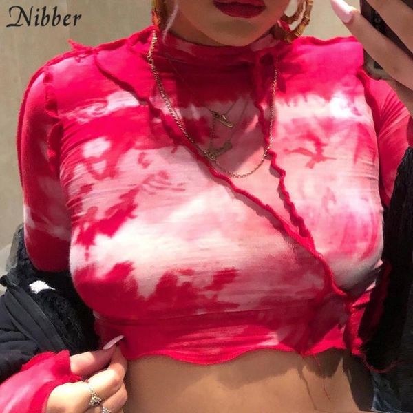 

nibber chic tie-dye female fall tshirt patchwork street activity turtleneck crop skinny aesthetic elastic tees, White