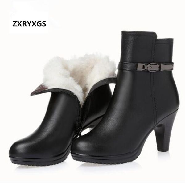 

boots 2021 autumn and winter fashion genuine leather shoes woman snow wool high-heels ankle women, Black