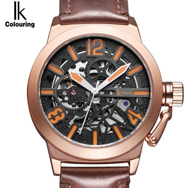 

wristwatches ik colouring rose gold case automatic mechanical watches men genuine leather transparent hollow skeleton watch, Slivery;brown