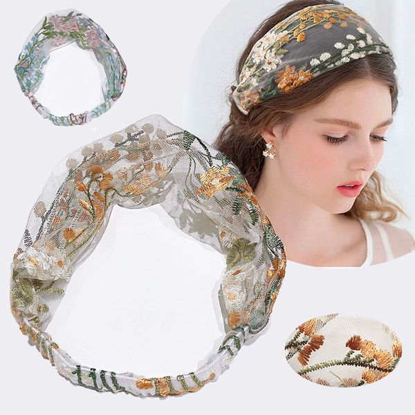 

awaytr new women elegant embroidery flower chiffon headband bandans sweet hair ornament hairband turban fashion hair accessories