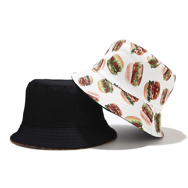 

2020 new chips hamburgers pizza bucket hat two side reversible bob cap instant cap men women beach sun fishing panama hat