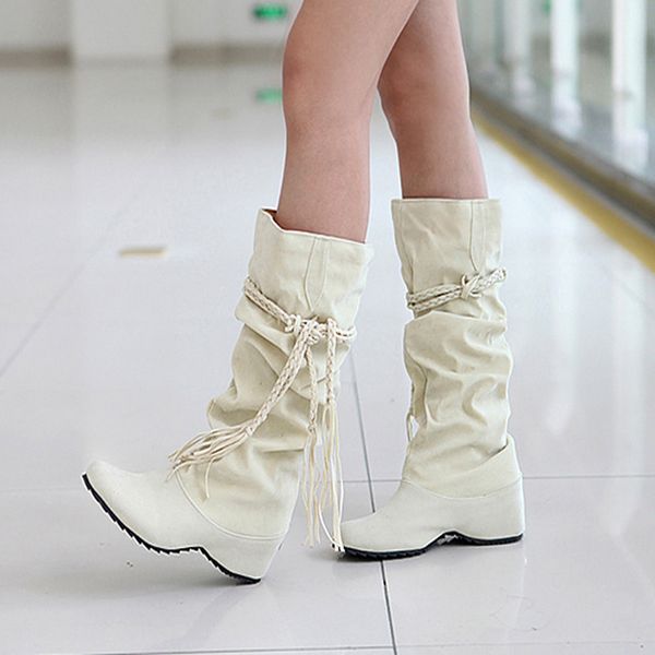 

new women boots autumn winter fringe half knee high boots ladies tassel fleece shoes woman botas feminina plus size 35-43, Black
