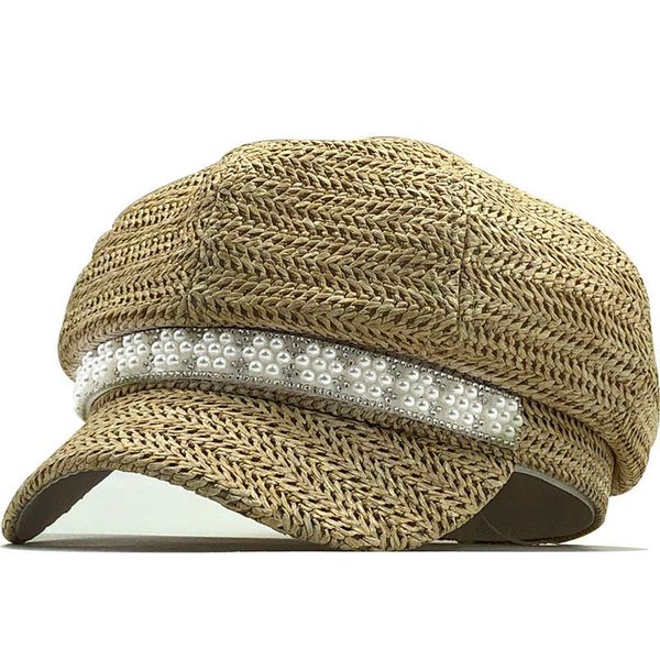 

new women hats raffia straw newsboy caps chain flat visor cap vintage plaid cap female spring summer hats, Blue;gray