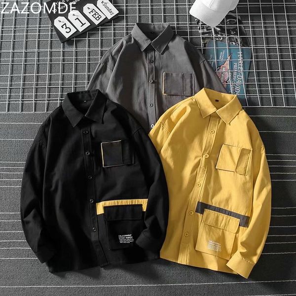 

zazomde long sleeve white autumn letter print casual shirt men fashion streetwear social loose cotton cargo shirts male, White;black