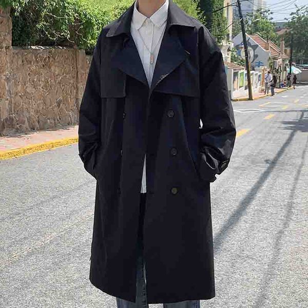 

men's trench coats autumn double breasted long knee coat korean retro solid large casual versatile, Tan;black