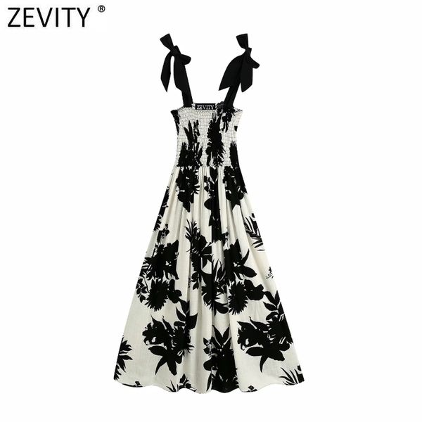 

casual dresses zevity women vintage black leaves print elastic sling linen midi dress chic female bow tied strap ruffles ds4151, Black;gray