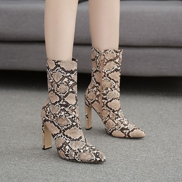 

shoes women boots high heels snake print luxury designer stiletto rubber fashion large size pointy pointed toe basic, Black