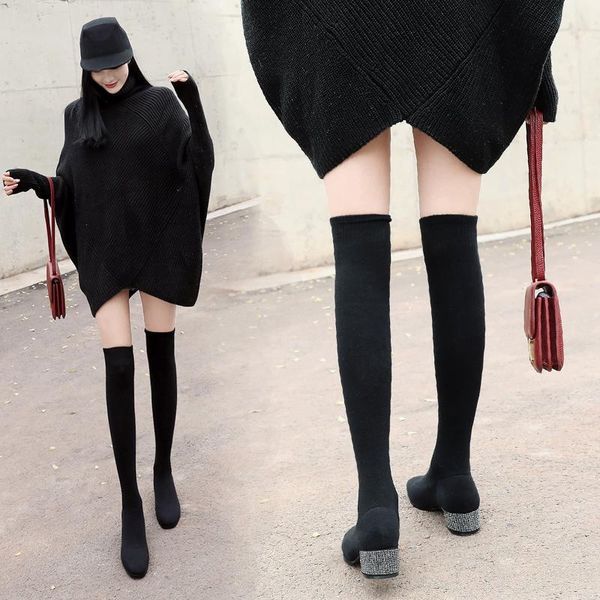 

over-the-knee boots socks thick-heeled boots autumn elastic high-women's 2020 new autumn and winter thin, Black