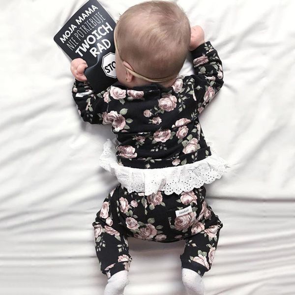 

newborn infant baby girls boys flower print shirt lace pants outfits, White