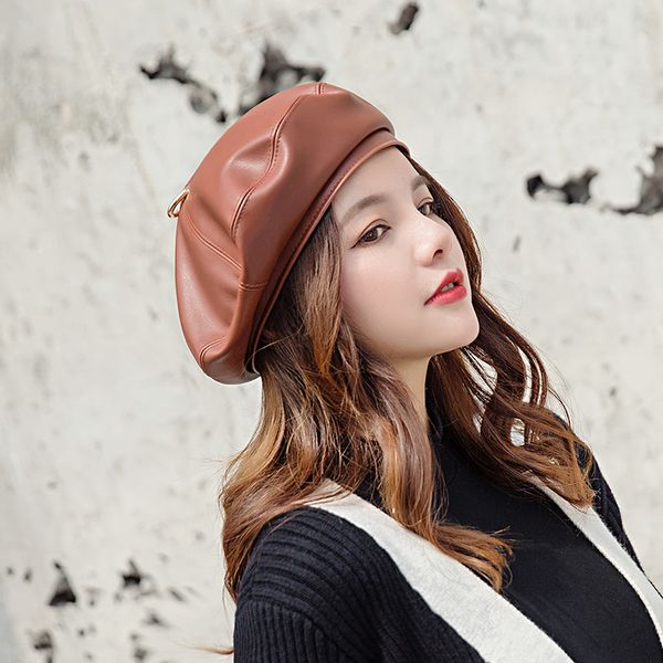 

leather beret fashion lady beret autumn winter british female hat women hats caps, Blue;gray