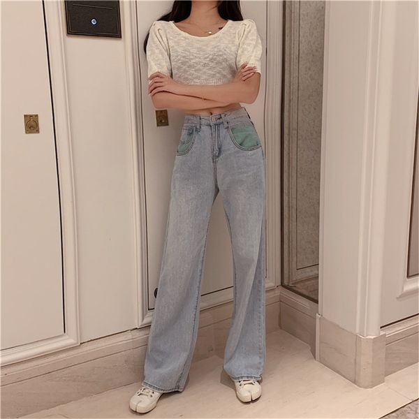 

vintage fresh summer 2020 straight brief female loose new arrival women jeans all match dropping denim full trousers, Blue