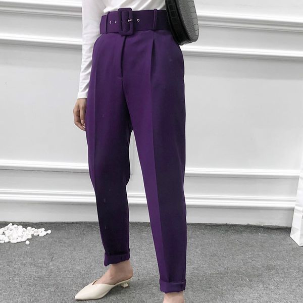 

управление высокой талией straight leg брюки мода осень лето хлопок смешать плиссе шаровары casual solid color пояс женщины, Black;white