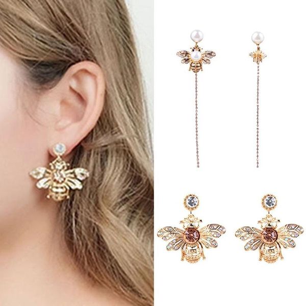 

insect pattern lady rhinestone drill earrings for party concert women pearl bee short long dangles fashion rassel earrings, Golden;silver