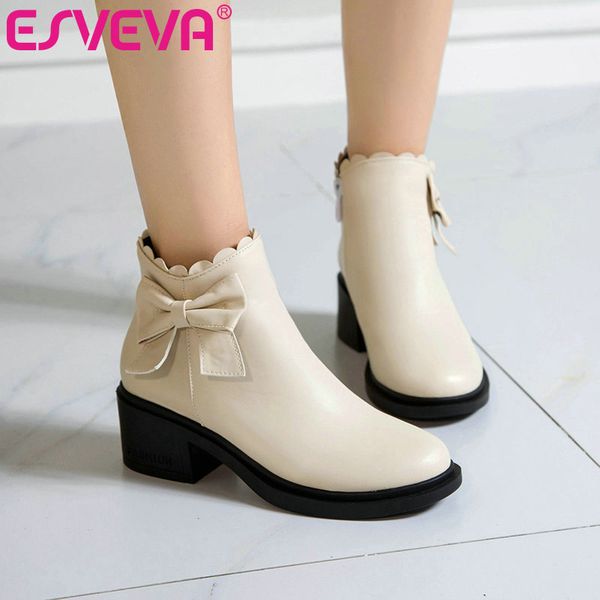 

esveva 2021 square med heel pu leather ankle boots women boots shoes round toe platform casual zipper size 34-43, Black