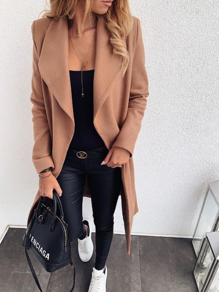 

solid color lapel long coat women woolen coat office ladies suits women jacket khaki black autumn winter, Black;brown