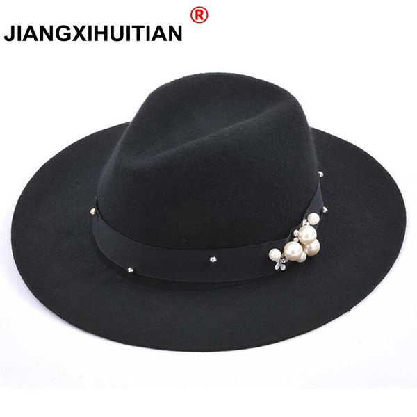 

2020 brand women's pearls fedora black truly 100%wool hat for noble woolen wide brim jazz cap vintage panama sun hat, Blue;gray