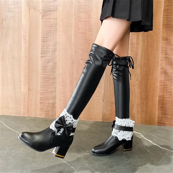 

pxelena 2020 autumn new princess over the knee boots lace bow knot high heel wedding dress boots women shoes white plus size 43, Black