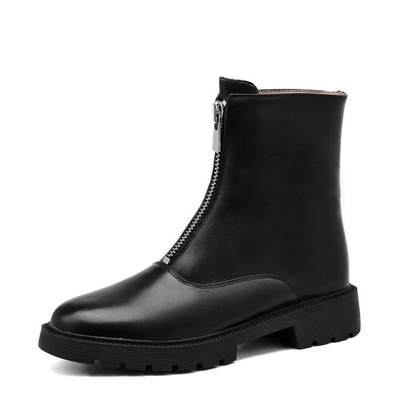 

2021 genuine leather women's warm shoes quality round toe chunky heels boots autumn winter party basic shoes woman, Black