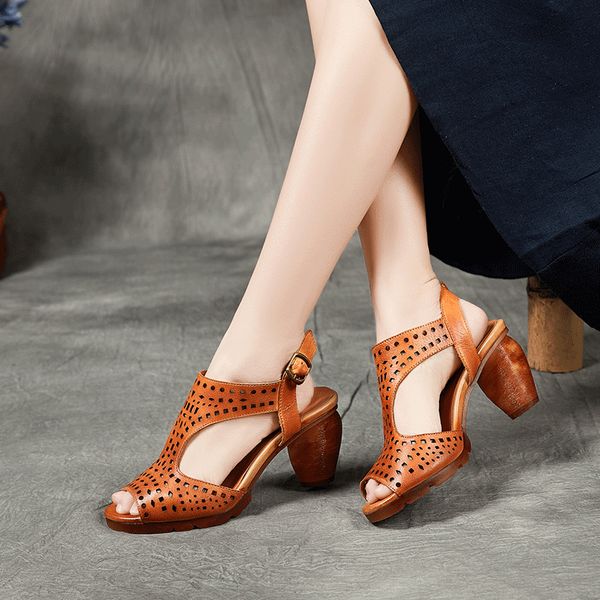 

dress shoes women leather sandals peep toe 6 cm high heels summer embroidery genuine handmade chunky, Black